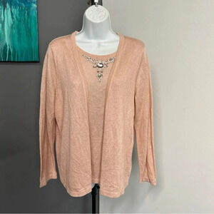 Sparkle Metallic Shirt Cardigan Set Large Peach Jewel Career Office Elegant